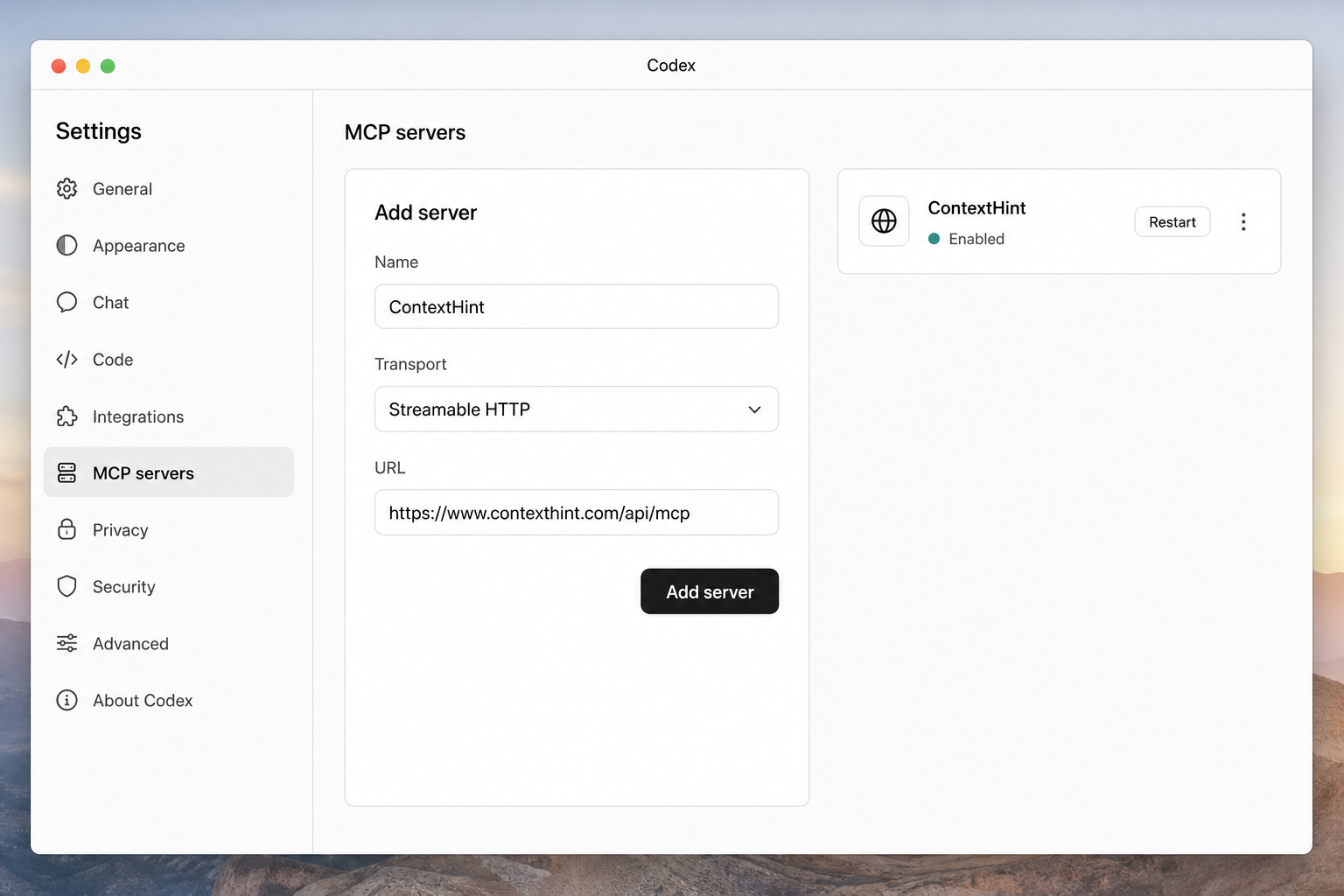 Codex interface for adding the ContextHint remote MCP server